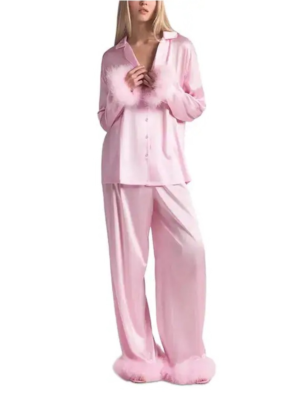 Skims silk Feather -Trim long Pajama Set,pant Xl and pj top L cherry blossom